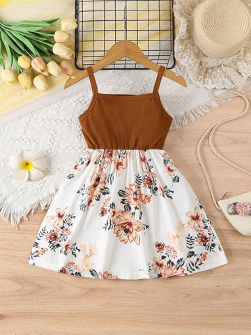 New Fashion Printed Floral Dress For Girls Aged 4-7, Casual Daily Wear, Spring/Summer