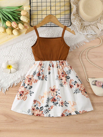 New Fashion Printed Floral Dress For Girls Aged 4-7, Casual Daily Wear, Spring/Summer