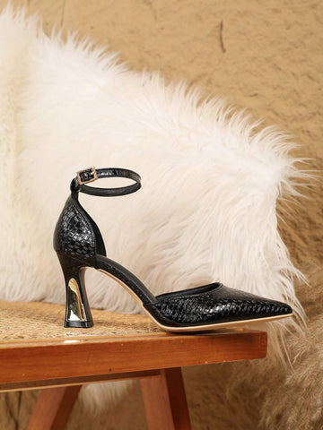 New Fashion Women Pointed Toe High Heel Pumps, Simple Black Chunky Heel Hollow Out