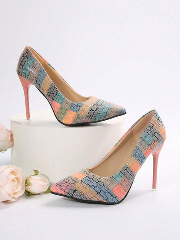 New Fashion Women Shoes, Versatile Printed Pointed High Heels With Stiletto Heels,