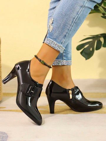 New Fashionable European And American Glossy Leather High Heel Pumps, Solid Color