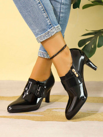 New Fashionable European And American Glossy Leather High Heel Pumps, Solid Color