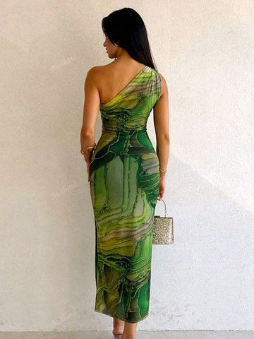 New Fashionable European And American Style Women's Elegant Oblique Shoulder Print Bodycon High Waist Dress
