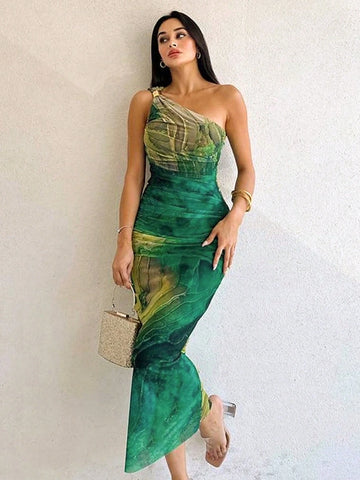 New Fashionable European And American Style Women's Elegant Oblique Shoulder Print Bodycon High Waist Dress