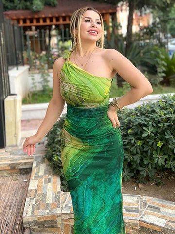 New Fashionable European And American Style Women's Elegant Oblique Shoulder Print Bodycon High Waist Dress