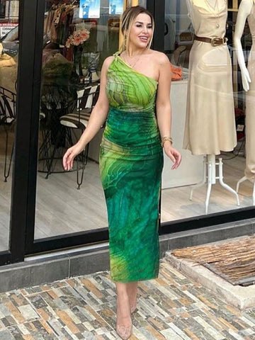 New Fashionable European And American Style Women's Elegant Oblique Shoulder Print Bodycon High Waist Dress