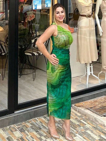 New Fashionable European And American Style Women's Elegant Oblique Shoulder Print Bodycon High Waist Dress