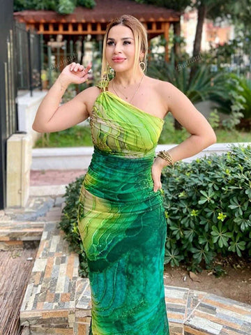 New Fashionable European And American Style Women's Elegant Oblique Shoulder Print Bodycon High Waist Dress