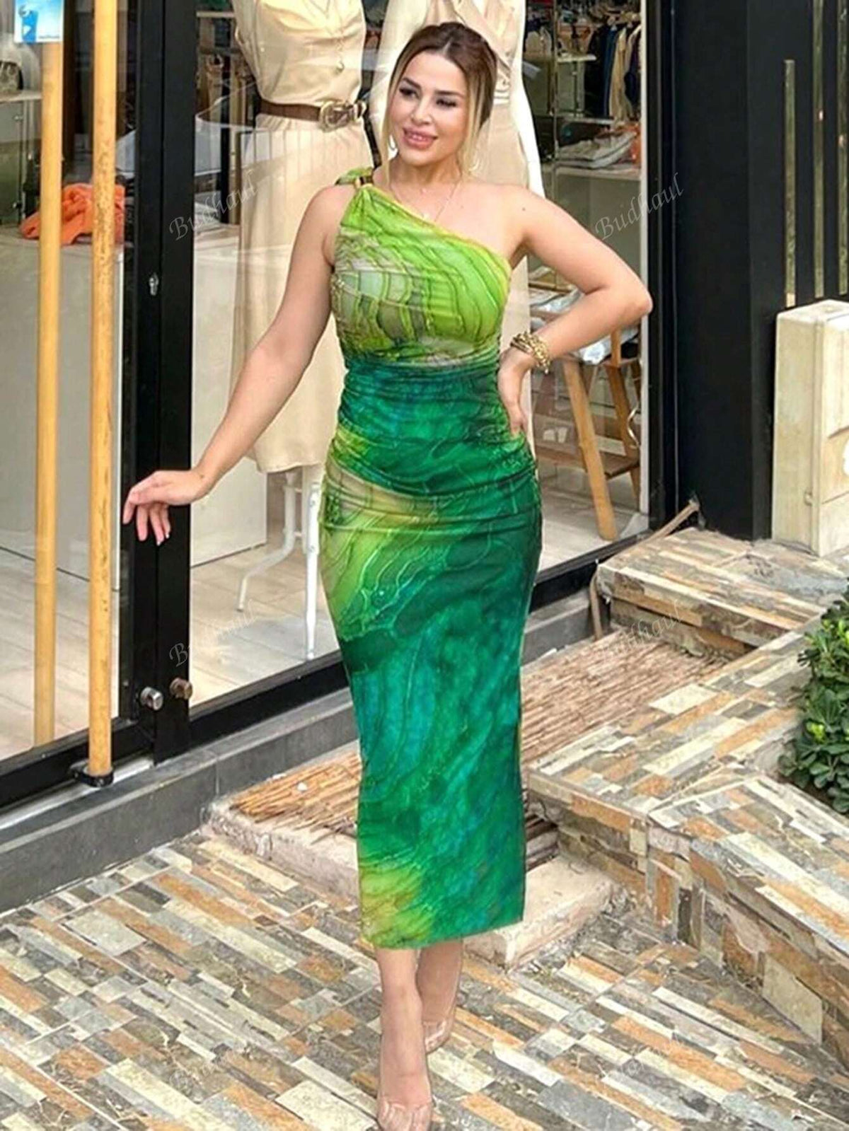 New Fashionable European And American Style Women's Elegant Oblique Shoulder Print Bodycon High Waist Dress