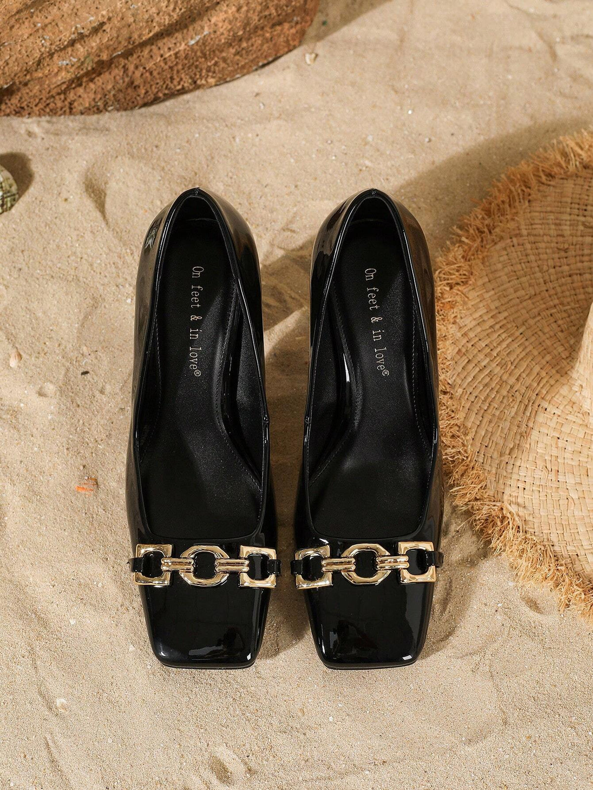 New Fashionable Patent Leather Thick Heel Square Toe Metal Buckle