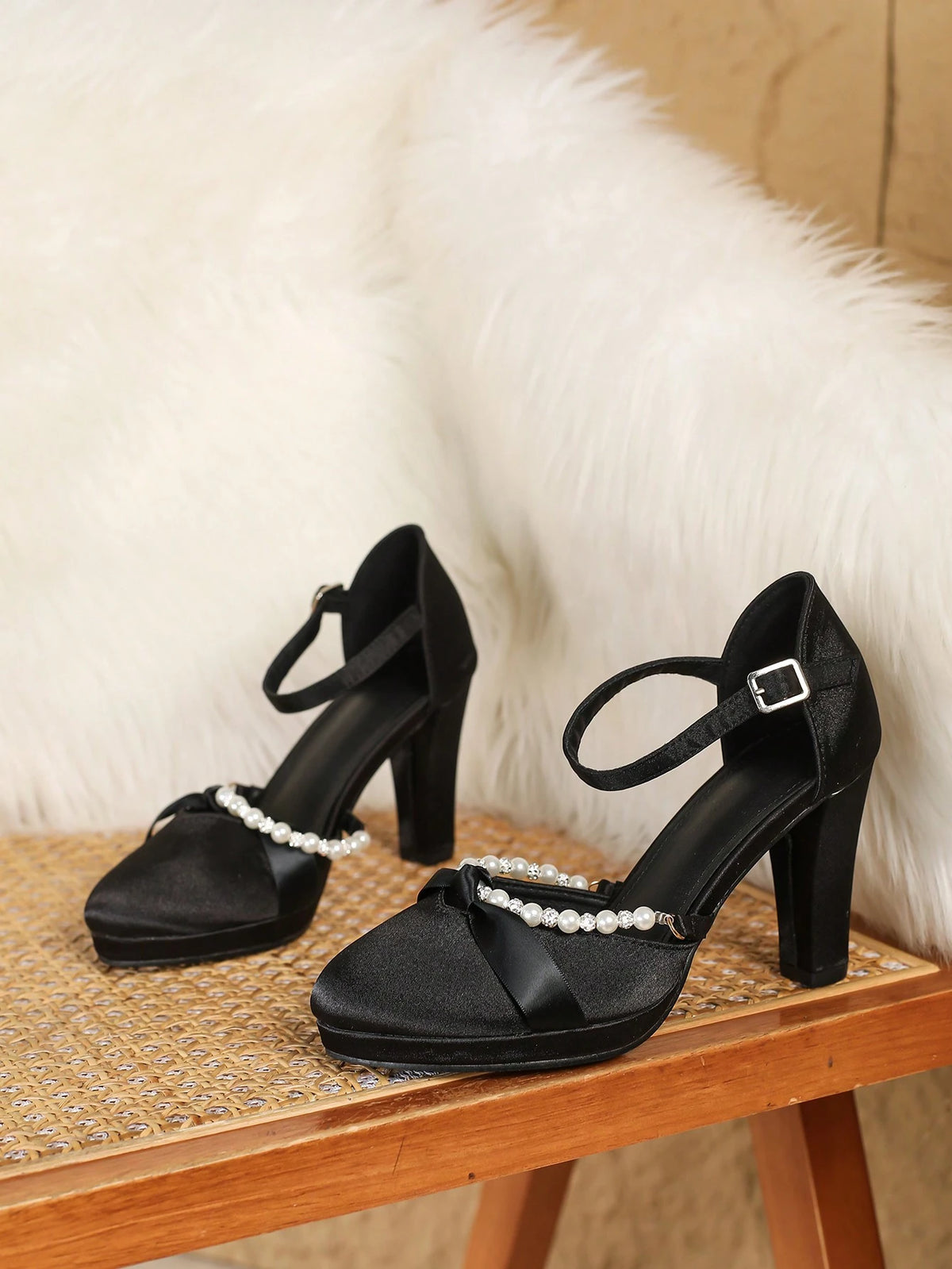 New Fashionable & Elegant Satin Closed Toe Pearl Decor Ankle Strap High Heel Platform Sandals
