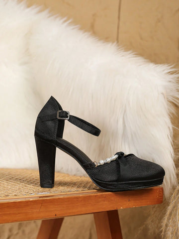 New Fashionable & Elegant Satin Closed Toe Pearl Decor Ankle Strap High Heel Platform Sandals