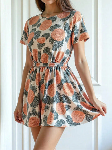New Floral Print Loose Round Neck Short Sleeve Casual Dress, Slimming