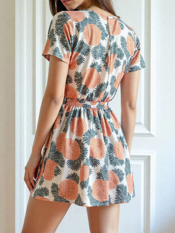 New Floral Print Loose Round Neck Short Sleeve Casual Dress, Slimming