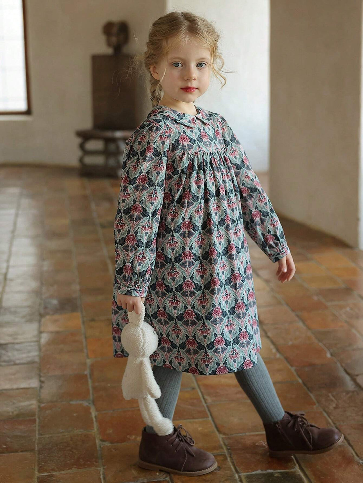 New Girls Floral Niche Style Elegant Dress, Princess Style Long Dress, Autumn/Winter