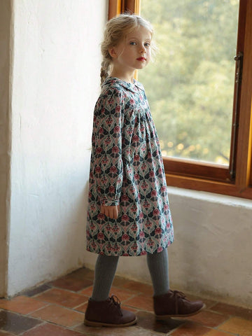 New Girls Floral Niche Style Elegant Dress, Princess Style Long Dress, Autumn/Winter