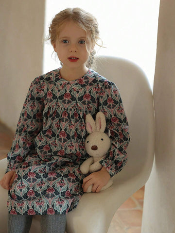 New Girls Floral Niche Style Elegant Dress, Princess Style Long Dress, Autumn/Winter