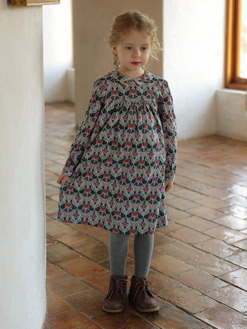 New Girls Floral Niche Style Elegant Dress, Princess Style Long Dress, Autumn/Winter