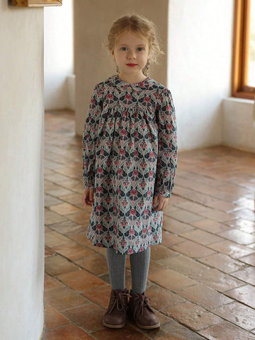 New Girls Floral Niche Style Elegant Dress, Princess Style Long Dress, Autumn/Winter