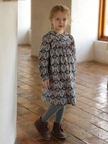 New Girls Floral Niche Style Elegant Dress, Princess Style Long Dress, Autumn/Winter