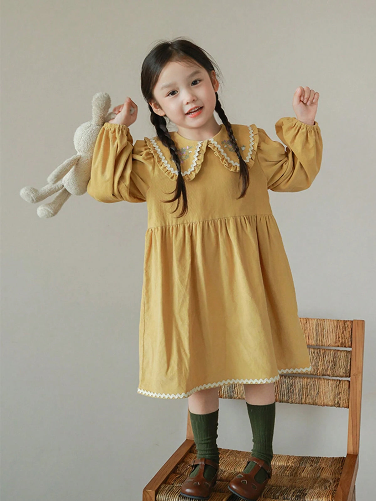New Girls Peter Pan Collar Embroidered Dress, Cute & Sweet, Autumn