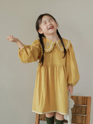 New Girls Peter Pan Collar Embroidered Dress, Cute & Sweet, Autumn