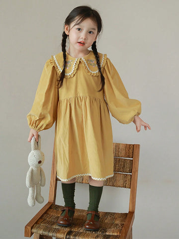 New Girls Peter Pan Collar Embroidered Dress, Cute & Sweet, Autumn