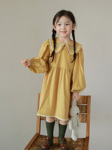New Girls Peter Pan Collar Embroidered Dress, Cute & Sweet, Autumn