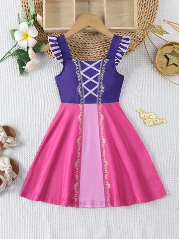New Girls Princess Tangled Rapunzel Inspired Sleeveless Daily Casual Dress, Suitable For 4-7 Years Old Children