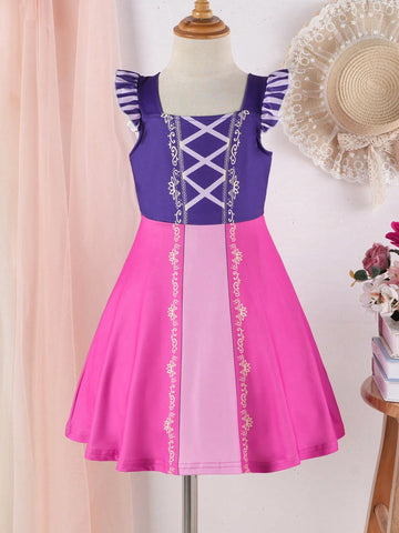New Girls Princess Tangled Rapunzel Inspired Sleeveless Daily Casual Dress, Suitable For 4-7 Years Old Children