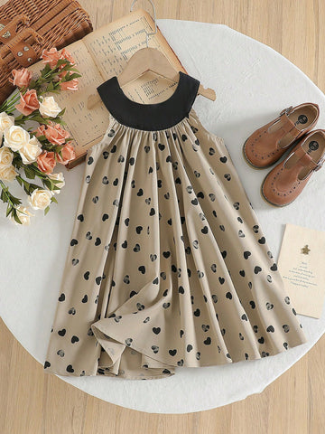 New Girls Sleeveless Open Back Heart Print Princess Dress, Fashionable For Spring/Summer