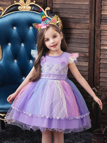 New Girls Unicorn Beaded Princess Dress, Children Party Costume For Halloween Cosplay Performance