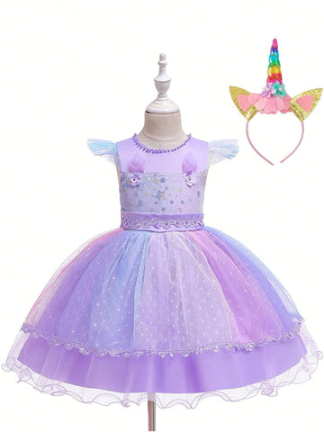New Girls Unicorn Beaded Princess Dress, Children Party Costume For Halloween Cosplay Performance