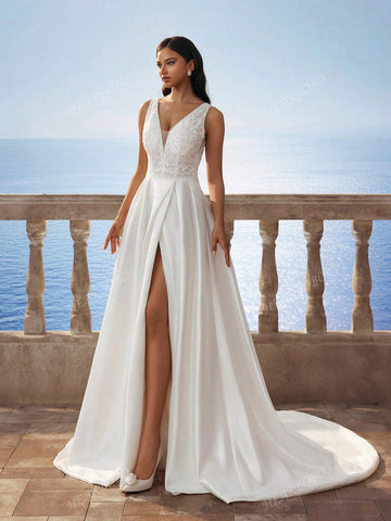 New Gorgeous Sleeveless Deep V-Neck High Slit Wedding Dress, White