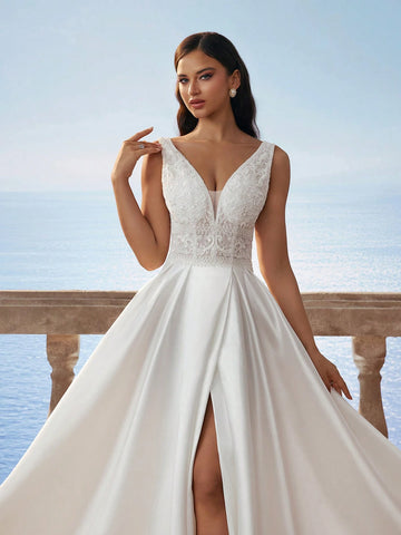 New Gorgeous Sleeveless Deep V-Neck High Slit Wedding Dress, White