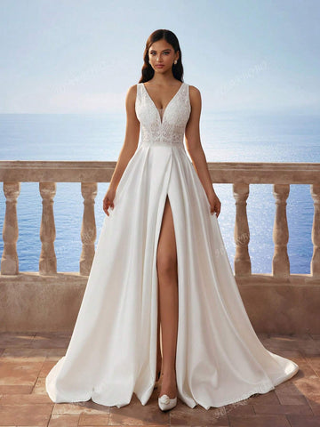 New Gorgeous Sleeveless Deep V-Neck High Slit Wedding Dress, White