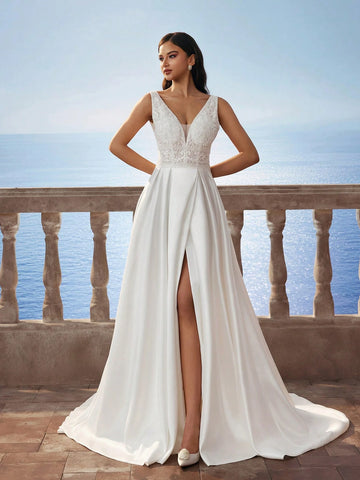 New Gorgeous Sleeveless Deep V-Neck High Slit Wedding Dress, White