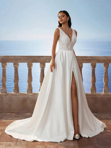 New Gorgeous Sleeveless Deep V-Neck High Slit Wedding Dress, White