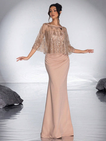 New Heavy Beaded Shiny Sequin Shawl Elegant Strapless Mermaid Formal Dress