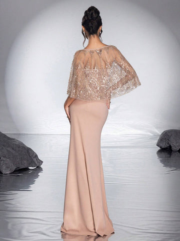 New Heavy Beaded Shiny Sequin Shawl Elegant Strapless Mermaid Formal Dress