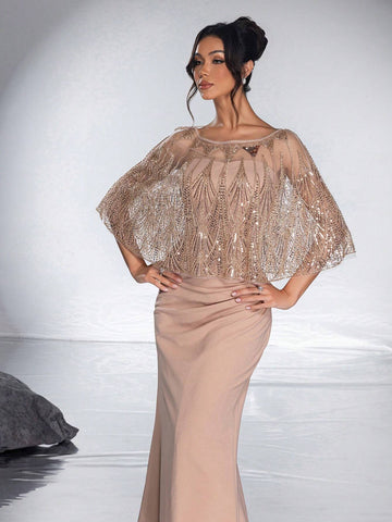 New Heavy Beaded Shiny Sequin Shawl Elegant Strapless Mermaid Formal Dress