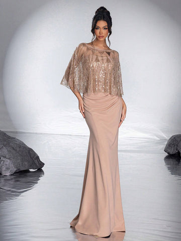 New Heavy Beaded Shiny Sequin Shawl Elegant Strapless Mermaid Formal Dress