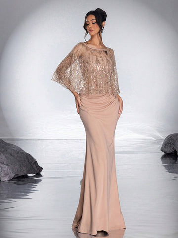 New Heavy Beaded Shiny Sequin Shawl Elegant Strapless Mermaid Formal Dress