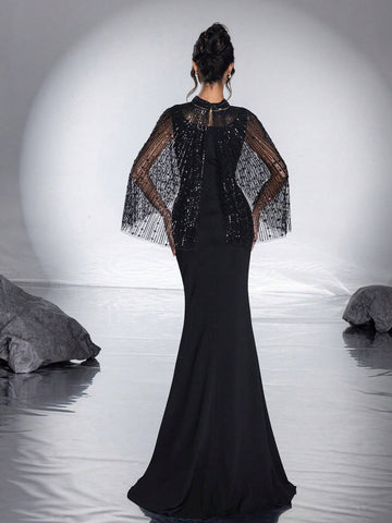 New Heavy Work Shawl With High-End, Elegant, Graceful Fish-Tail Evening Dress