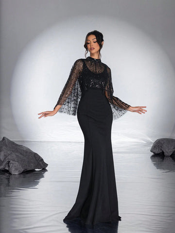 New Heavy Work Shawl With High-End, Elegant, Graceful Fish-Tail Evening Dress