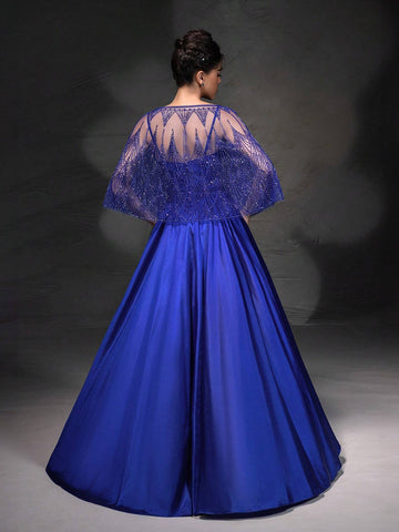 New High-End Elegant Heavy Industry Lace Shawl Spaghetti Strap Evening Dress