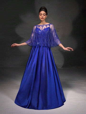 New High-End Elegant Heavy Industry Lace Shawl Spaghetti Strap Evening Dress