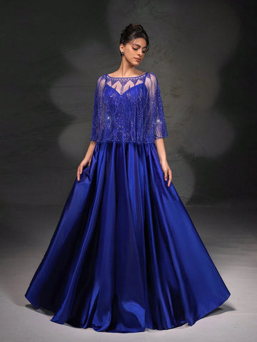 New High-End Elegant Heavy Industry Lace Shawl Spaghetti Strap Evening Dress