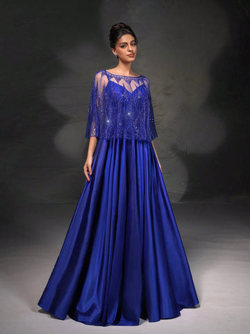 New High-End Elegant Heavy Industry Lace Shawl Spaghetti Strap Evening Dress