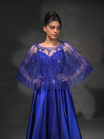 New High-End Elegant Heavy Industry Lace Shawl Spaghetti Strap Evening Dress